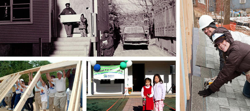 A collage of photos of Habitat Greater Boston homes throughout the years