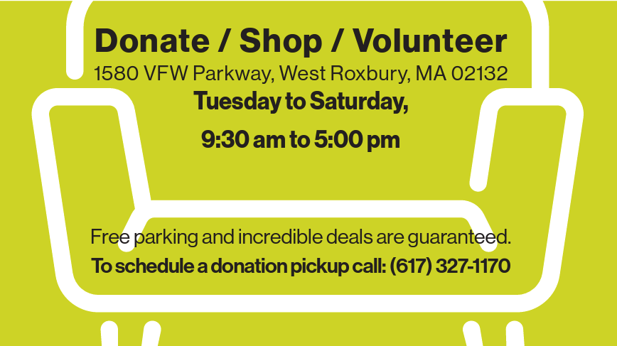 An image showing the ReStore's address, 1580 VFW Parkway, West Roxbury, Mass. 02132, and the hours: Tuesday to Staurday, 9:30 a.m. to 5 p.m.